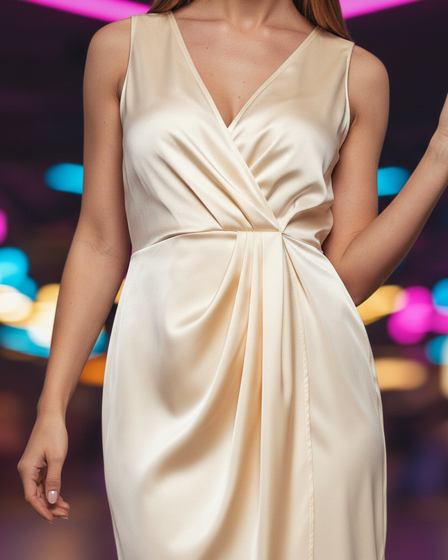 Satin Kleid Cream - Satin Partykleid Wickelkleid | Braun Figurnahe - Ansicht 4