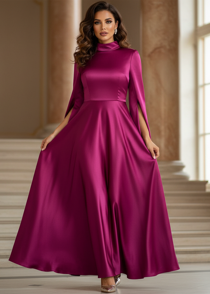 Satin Kleid - Satinkleid Lang A-Linie Rosa - VONDA Fuchsia Maxi - Ansicht 1