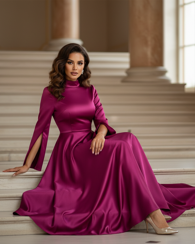 Satin Kleid - Satinkleid Lang A-Linie Rosa - VONDA Fuchsia Maxi - Ansicht 5