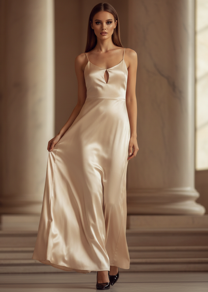 Satin Kleid - Satinkleid Lang Beige - Maxikleid Spaghettitrager - Ansicht 1