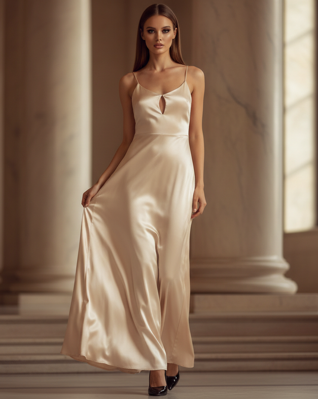 Satin Kleid - Satinkleid Lang Beige - Maxikleid Spaghettitrager - Ansicht 1