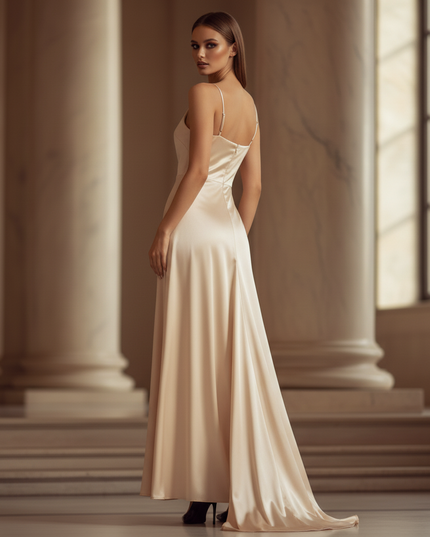 Satin Kleid - Satinkleid Lang Beige - Maxikleid Spaghettitrager - Ansicht 2