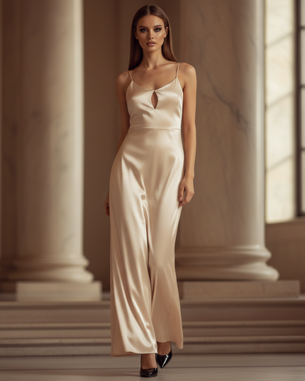Satin Kleid - Satinkleid Lang Beige - Maxikleid Spaghettitrager - Ansicht 3