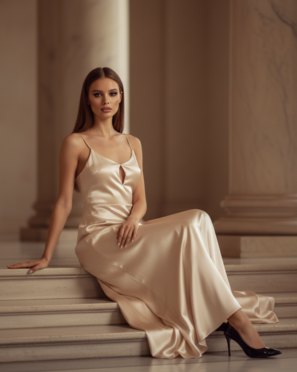 Satin Kleid - Satinkleid Lang Beige - Maxikleid Spaghettitrager - Ansicht 5