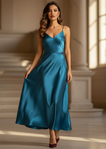 Satin Kleid - Satinkleid Lang Blau - Maxikleid Pfauenblau Satin - Ansicht 1