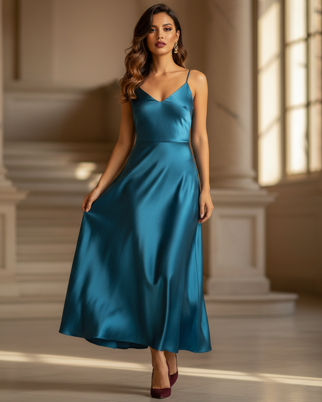 Satin Kleid - Satinkleid Lang Blau - Maxikleid Pfauenblau Satin - Ansicht 1