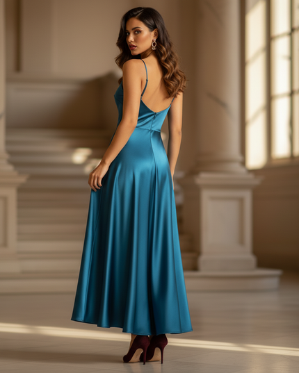 Satin Kleid - Satinkleid Lang Blau - Maxikleid Pfauenblau Satin - Ansicht 2