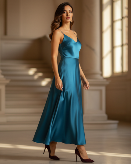Satin Kleid - Satinkleid Lang Blau - Maxikleid Pfauenblau Satin - Ansicht 3