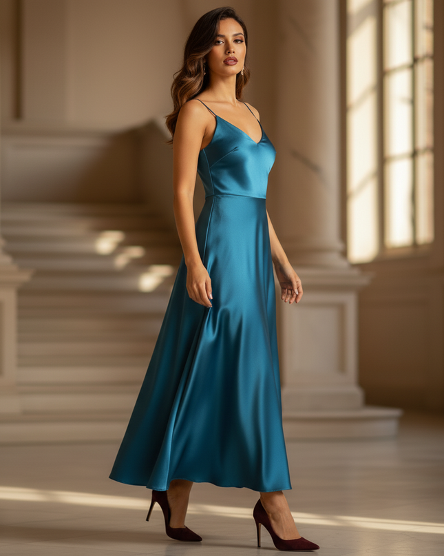 Satin Kleid - Satinkleid Lang Blau - Maxikleid Pfauenblau Satin - Ansicht 3