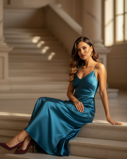 Satin Kleid - Satinkleid Lang Blau - Maxikleid Pfauenblau Satin - Ansicht 5