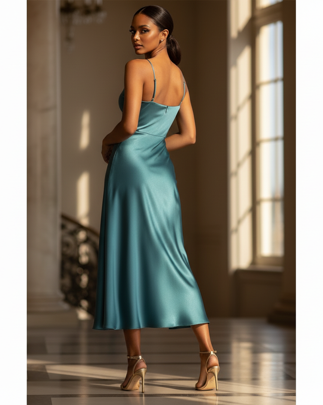Satin Kleid - Satinkleid Lang Bodycon Blau - Maxikleid Satin - Ansicht 2