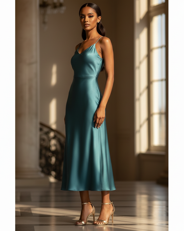 Satin Kleid - Satinkleid Lang Bodycon Blau - Maxikleid Satin - Ansicht 3