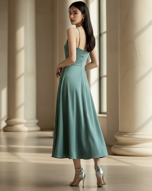 Satin Kleid - Satinkleid Lang Bodycon Gruen - Gruenes Vintage Maxikleid - Ansicht 2