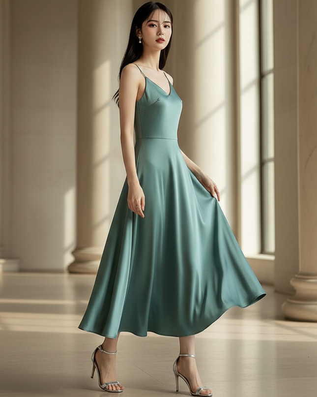 Satin Kleid - Satinkleid Lang Bodycon Gruen - Gruenes Vintage Maxikleid - Ansicht 3