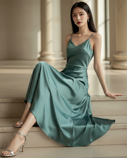 Satin Kleid - Satinkleid Lang Bodycon Gruen - Gruenes Vintage Maxikleid - Ansicht 5