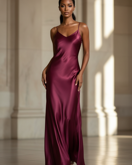 Satin Kleid - Satinkleid Lang Bordeaux - Maxikleid Weinrot - Ansicht 1