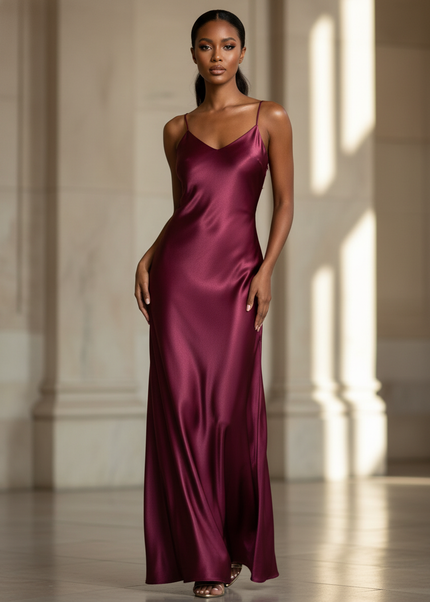 Satin Kleid - Satinkleid Lang Bordeaux - Maxikleid Weinrot - Ansicht 1