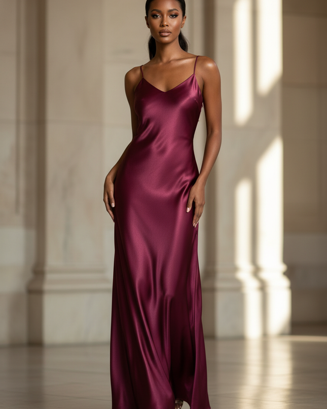 Satin Kleid - Satinkleid Lang Bordeaux - Maxikleid Weinrot - Ansicht 1