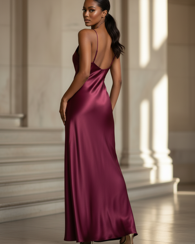 Satin Kleid - Satinkleid Lang Bordeaux - Maxikleid Weinrot - Ansicht 2