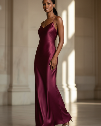 Satin Kleid - Satinkleid Lang Bordeaux - Maxikleid Weinrot - Ansicht 3