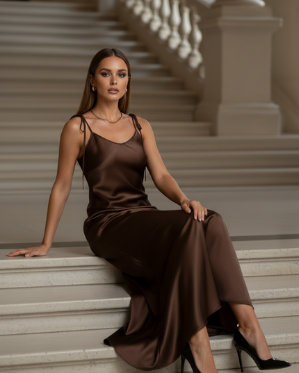 Satin Kleid - Satinkleid Lang Braun - Maxikleid Schokoladenbraun - Ansicht 5