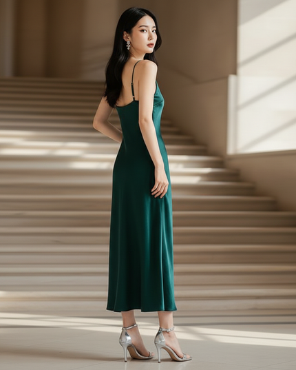Satin Kleid - Satinkleid Lang Corsage Gruen - Maxikleid Waldgruen - Ansicht 2