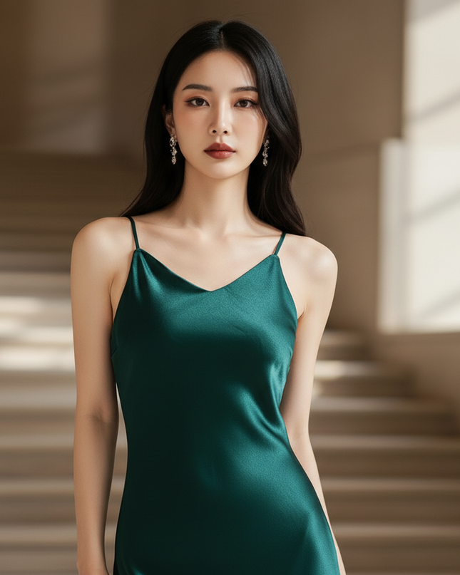 Satin Kleid - Satinkleid Lang Corsage Gruen - Maxikleid Waldgruen - Ansicht 4
