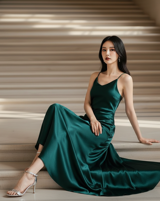 Satin Kleid - Satinkleid Lang Corsage Gruen - Maxikleid Waldgruen - Ansicht 5