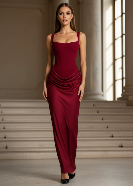 Satin Kleid - Satinkleid Lang Corsage Rot - Bordeaux Maxikleid - Ansicht 1