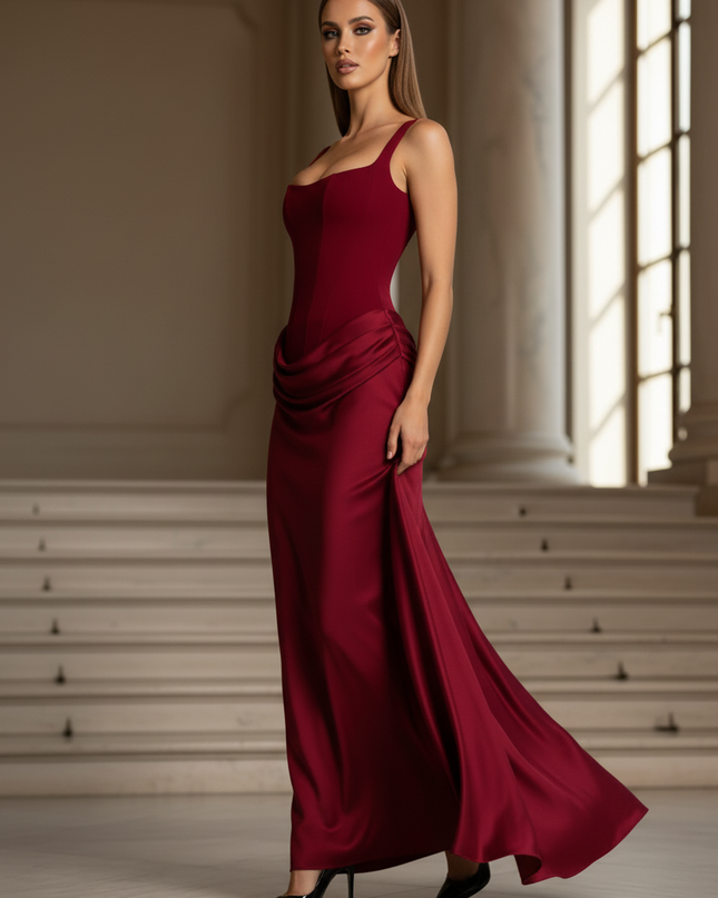 Satin Kleid - Satinkleid Lang Corsage Rot - Bordeaux Maxikleid - Ansicht 3