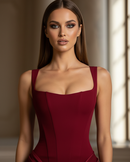 Satin Kleid - Satinkleid Lang Corsage Rot - Bordeaux Maxikleid - Ansicht 4
