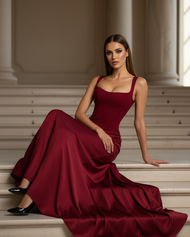 Satin Kleid - Satinkleid Lang Corsage Rot - Bordeaux Maxikleid - Ansicht 5