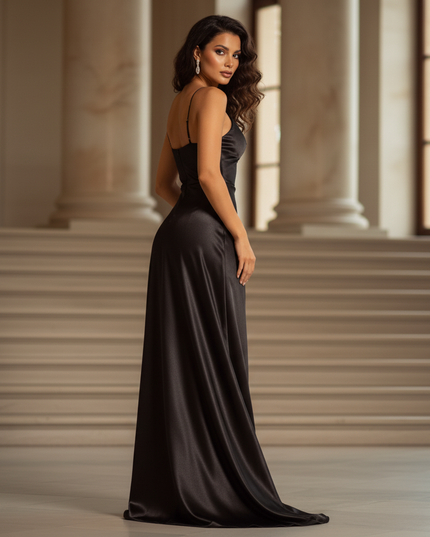 Satin Kleid - Satinkleid Lang Corsage - Maxikleid Schwarz Elegant - Ansicht 2