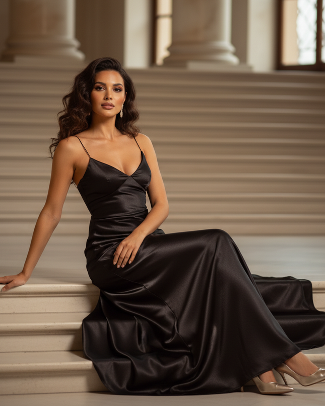 Satin Kleid - Satinkleid Lang Corsage - Maxikleid Schwarz Elegant - Ansicht 5