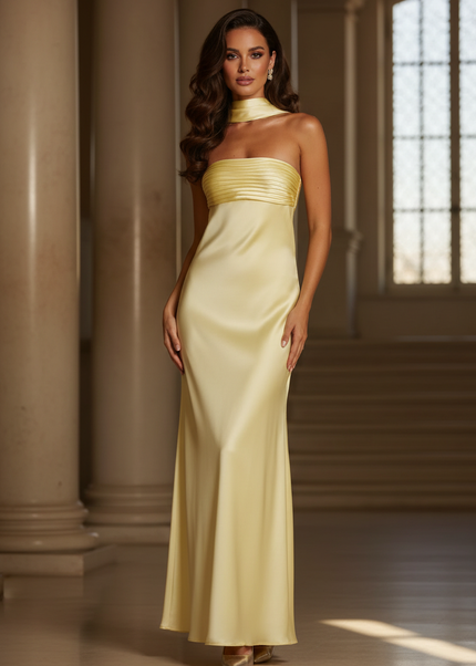 Satin Kleid - Satinkleid Lang Creme - Maxikleid Traegerlos Satin - Ansicht 1