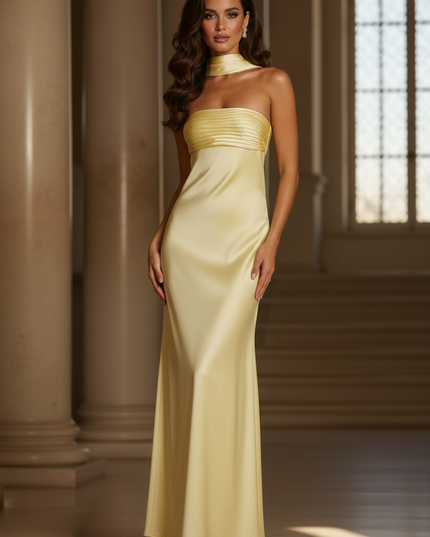 Satin Kleid - Satinkleid Lang Creme - Maxikleid Traegerlos Satin - Ansicht 3