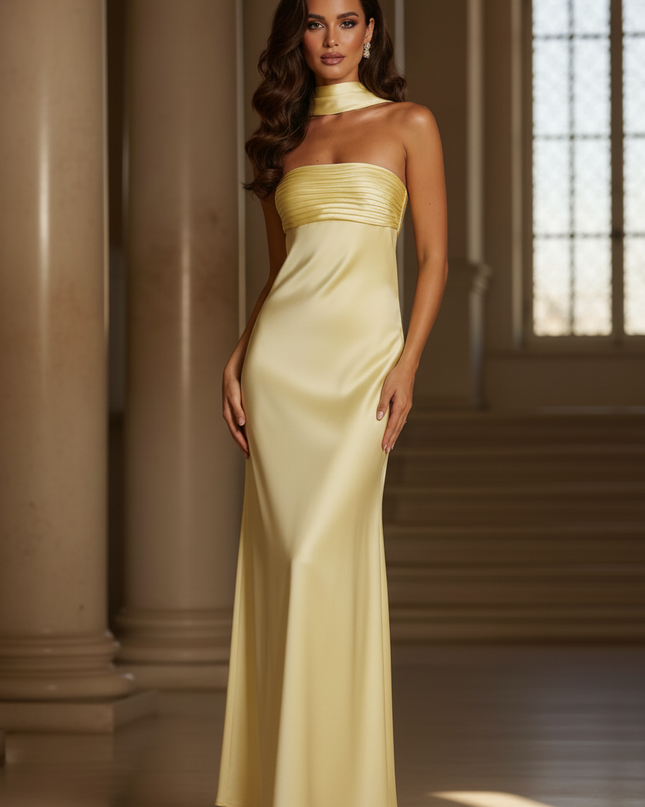 Satin Kleid - Satinkleid Lang Creme - Maxikleid Traegerlos Satin - Ansicht 3