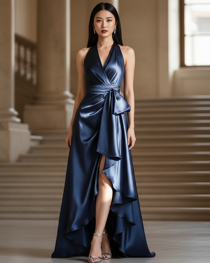 Satin Kleid - Satinkleid Lang Dunkelblau - Halter Maxikleid Maxi - Ansicht 1