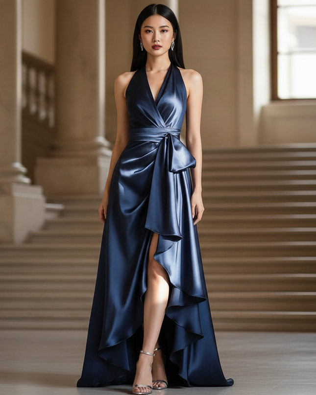 Satin Kleid - Satinkleid Lang Dunkelblau - Halter Maxikleid Maxi - Ansicht 1