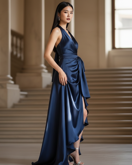 Satin Kleid - Satinkleid Lang Dunkelblau - Halter Maxikleid Maxi - Ansicht 3