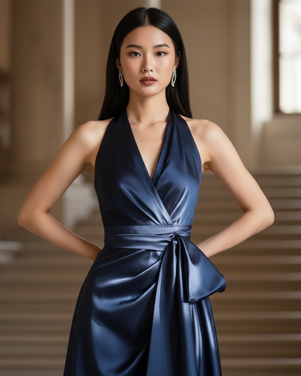 Satin Kleid - Satinkleid Lang Dunkelblau - Halter Maxikleid Maxi - Ansicht 4