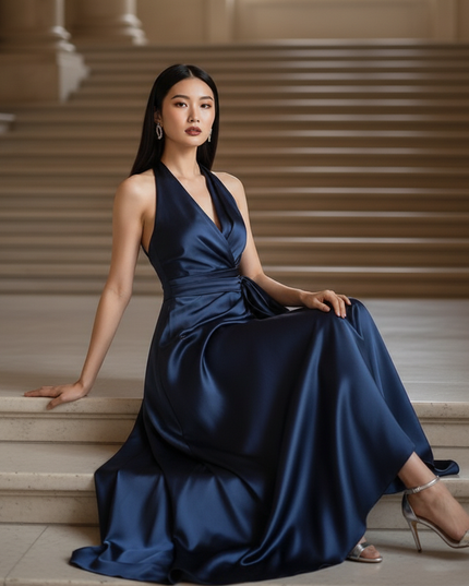 Satin Kleid - Satinkleid Lang Dunkelblau - Halter Maxikleid Maxi - Ansicht 5