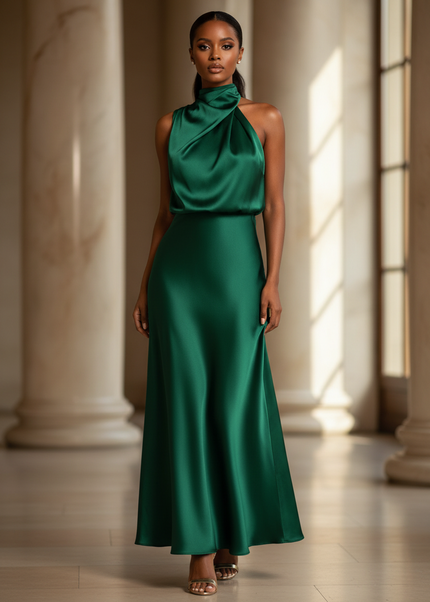 Satin Kleid - Satinkleid Lang Dunkelgruen - Smaragd Maxikleid Satin - Ansicht 1