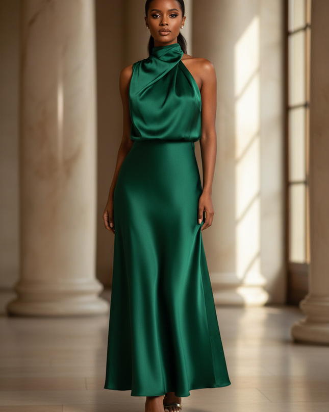 Satin Kleid - Satinkleid Lang Dunkelgruen - Smaragd Maxikleid Satin - Ansicht 1