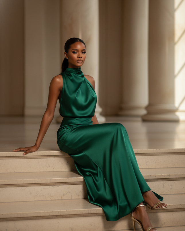 Satin Kleid - Satinkleid Lang Dunkelgruen - Smaragd Maxikleid Satin - Ansicht 5