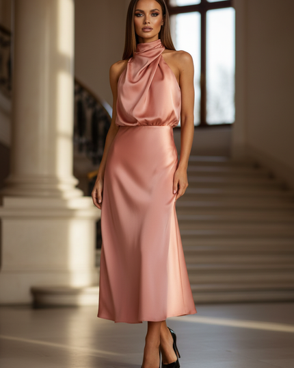 Satin Kleid - Satinkleid Lang Elegant Rosa - Altrosa Maxikleid Satin - Ansicht 1
