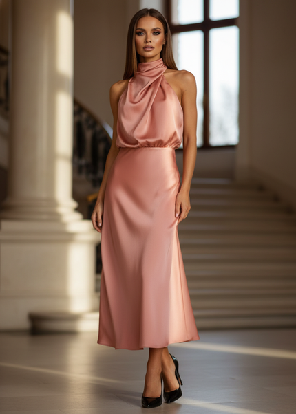 Satin Kleid - Satinkleid Lang Elegant Rosa - Altrosa Maxikleid Satin - Ansicht 1