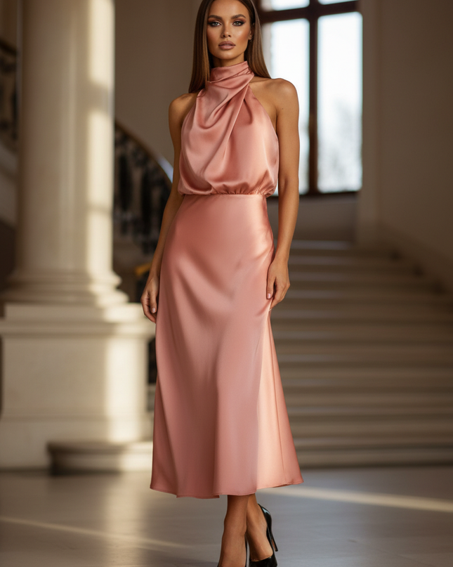 Satin Kleid - Satinkleid Lang Elegant Rosa - Altrosa Maxikleid Satin - Ansicht 1