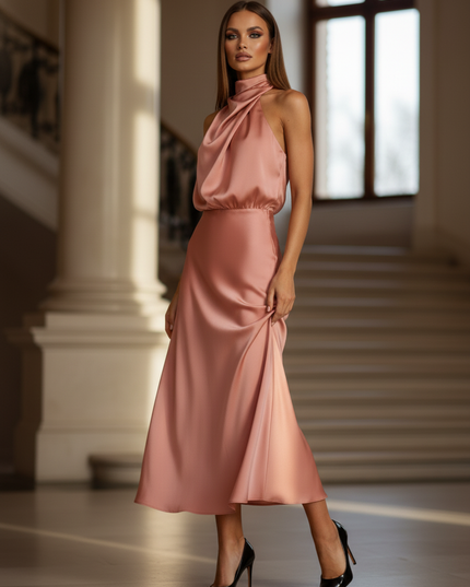 Satin Kleid - Satinkleid Lang Elegant Rosa - Altrosa Maxikleid Satin - Ansicht 3