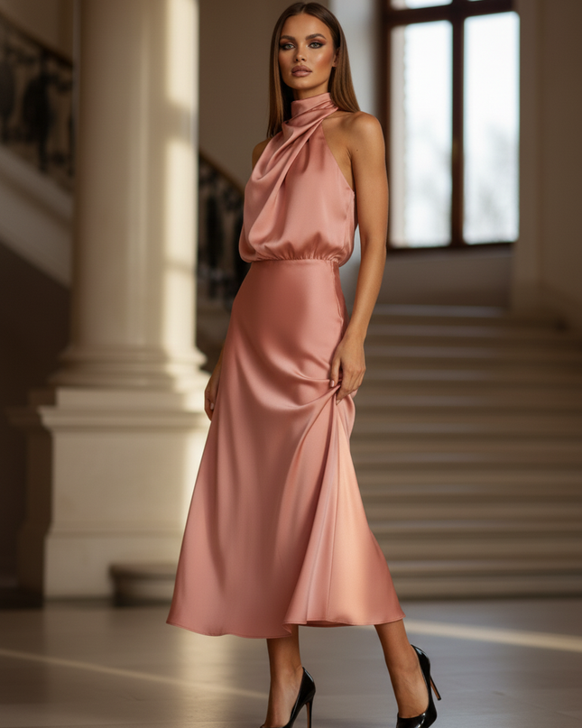 Satin Kleid - Satinkleid Lang Elegant Rosa - Altrosa Maxikleid Satin - Ansicht 3